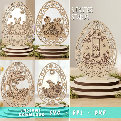 Easter Egg Stand SVG Bundle, 5 Easter Bunny Laser Cut Files - HappyDesignStudio - 001
