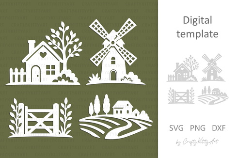 Farm Laser Paper cutting SVG: Farmhouse, Windmill, Barn Farm Laser Paper cutting SVG: Farmhouse, Windmill, Barn - CraftyKittyArt - 001