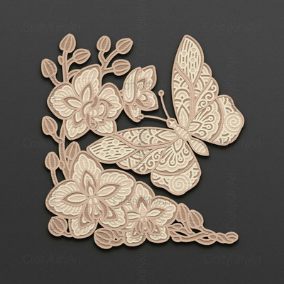 Mandala Butterfly & Flowers, 3D layered SVG DXF PNG files - CraftyKittyArt - 001