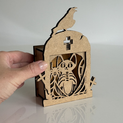 Cat & Raven Tombstone Candle Holder - Halloween Lantern  - LaserCutano - 002