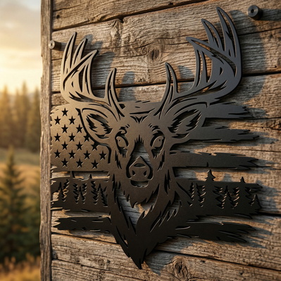 Deer and American Flag SVG | Buck Head Metal Wall Art - HappyDesignStudio - 004
