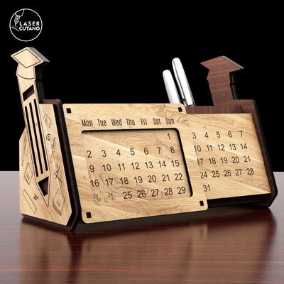 帶有萬年曆和筆筒的桌面收納盒 - LaserCutano - 002