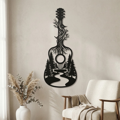 Acoustic Guitar With Forest Scene SVG | Plasma CNC Metal SVG - HappyDesignStudio - 003