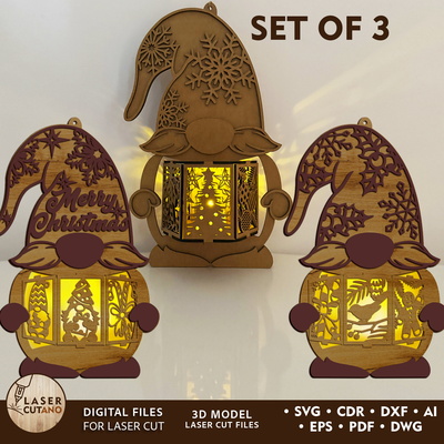 🎄 Christmas Gnome Lanterns — Set of 3 Laser Cut Designs