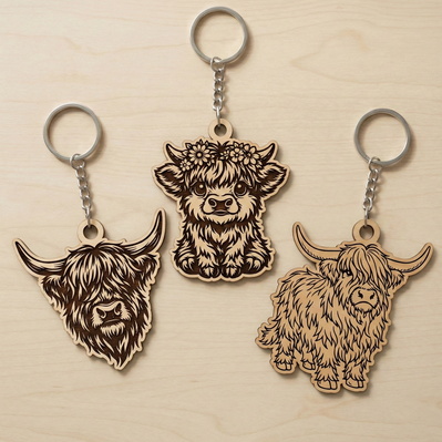 Highland Cow Keychain SVG Bundle, Cute Cow Laser Cut Files - HappyDesignStudio - 002