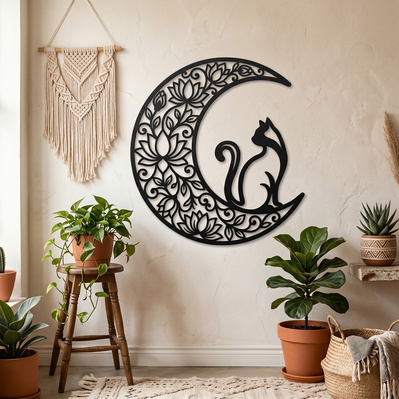 Moon Cat Laser SVG | Floral Crescent Moon Cat Cut File - HappyDesignStudio - 005