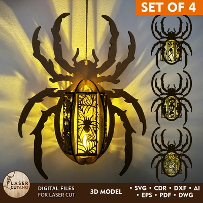 Spider Lantern Set of 4 – Halloween Lamp with Creepy Designs