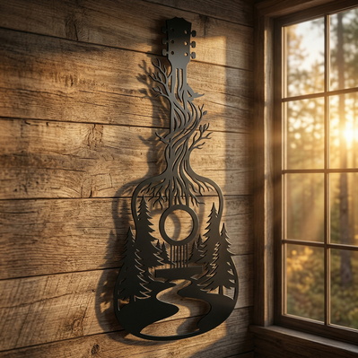Acoustic Guitar With Forest Scene SVG | Plasma CNC Metal SVG - HappyDesignStudio - 002
