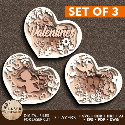 Valentines Day Heart Set Of 3 Laser Cut Template - LaserCutano - 001