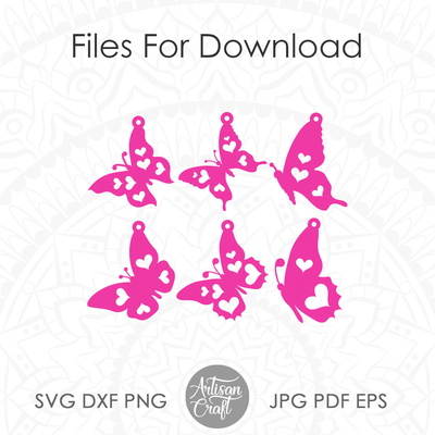 Butterfly earrings SVG with hearts, Butterfly wing earring - Artisan Craft - 005