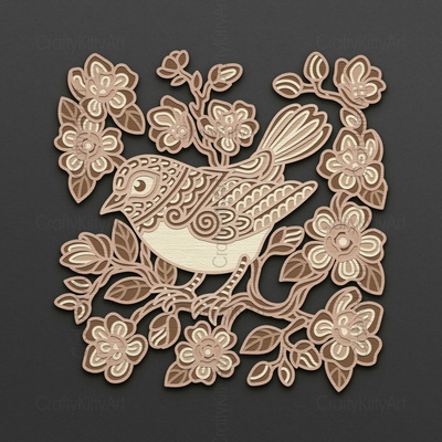 Sparrow Bird, Flower Blossoms, 3D layered SVG DXF PNG files - CraftyKittyArt - 001