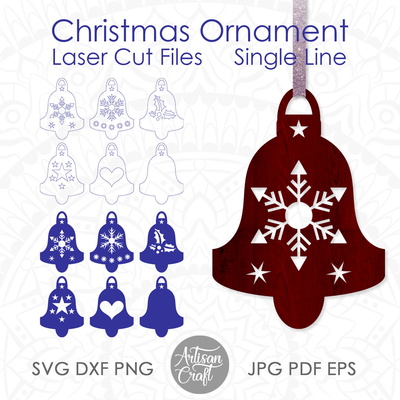 聖誕鈴鐺 svg，雷射就緒文件，單線設計 - Artisan Craft - 001