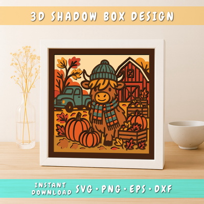 3D Highland Cow Fall Shadow Box SVG, Autumn Farm Scene SVG