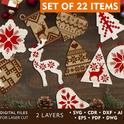 Christmas Folk Ornaments Set - LaserCutano - 001