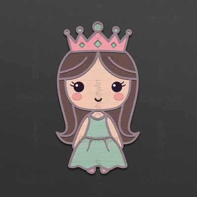 戴皇冠的可愛卡哇伊小公主，3d分層svg dxf png - CraftyKittyArt - 002