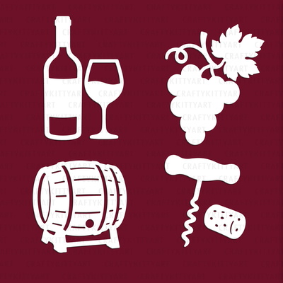  Wine Laser Paper cutting SVG: bottle glass grapes corkscrew - CraftyKittyArt - 001