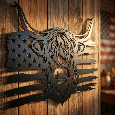 Patriotic Highland Cow SVG | American Flag Metal Wall Art - HappyDesignStudio - 003