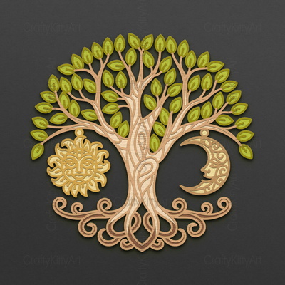 Tree of Life, Boho Sun & Moon, 3D layered SVG DXF PNG files - CraftyKittyArt - 001
