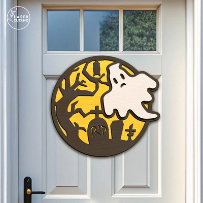 Ghost Halloween Door Hanger Laser Cut File – Spooky Round - LaserCutano - 001