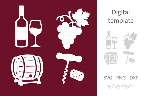 Wine Laser Paper cutting SVG: bottle glass grapes corkscrew Wine Laser Paper cutting SVG: bottle glass grapes corkscrew - CraftyKittyArt - 001