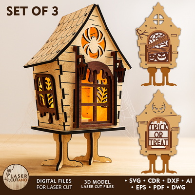 雷射切割萬聖節燈籠套裝（3 種設計）- 女巫小屋 - LaserCutano - 001