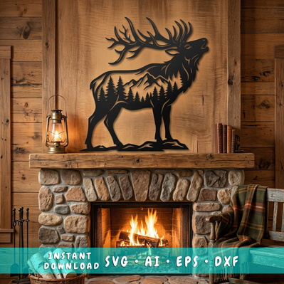 Bugling Elk Metal Wall Art SVG | Deer Forest Scene DXF  - HappyDesignStudio - 001