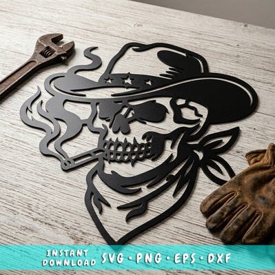 Cowboy Skull Laser SVG, Smoking Skull Western Hat Dxf - HappyDesignStudio - 001