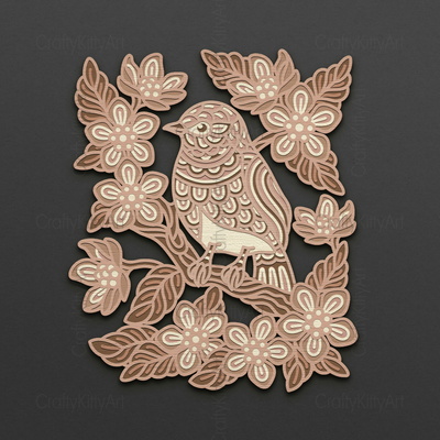 Sparrow Bird, Flower Blossoms, 3D layered SVG DXF PNG files - CraftyKittyArt - 001