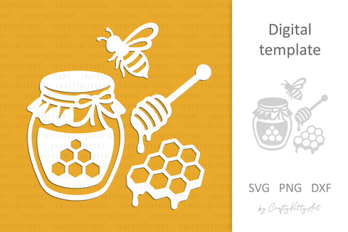 Honey Laser Paper cutting SVG: Bee, Jar, Honeycomb, Dipper Honey Laser Paper cutting SVG: Bee, Jar, Honeycomb, Dipper - CraftyKittyArt - 001