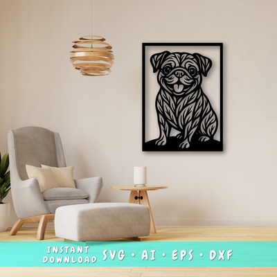 Pug Laser SVG, Cute Dog Laser Cut, Pet Lover Design