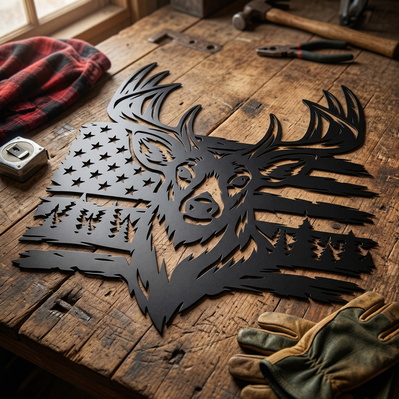 Deer and American Flag SVG | Buck Head Metal Wall Art - HappyDesignStudio - 003