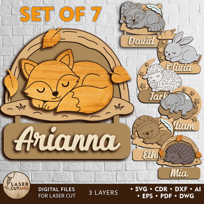 個性化睡眠動物兒童名字標誌（7 件組） - LaserCutano - 001