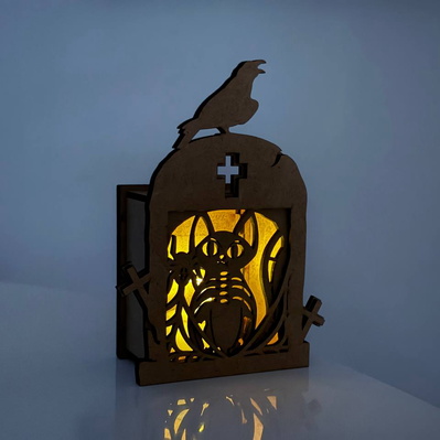 Cat & Raven Tombstone Candle Holder - Halloween Lantern 