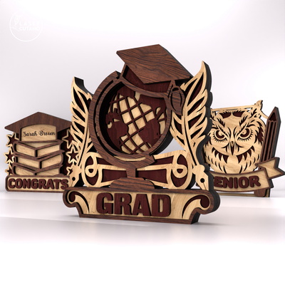 畢業展台套裝，配有貓頭鷹、地球儀和書籍 - LaserCutano - 002