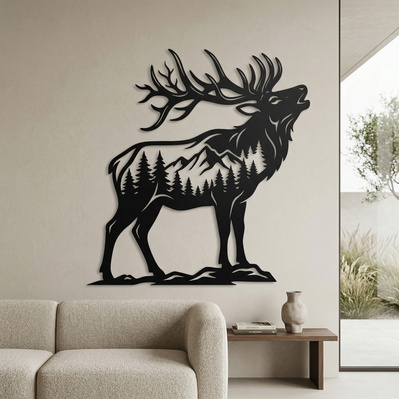 Bugling Elk Metal Wall Art SVG | Deer Forest Scene DXF  - HappyDesignStudio - 003
