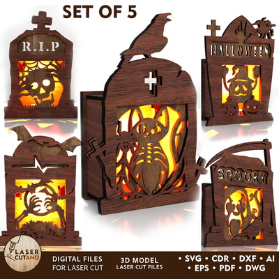 萬聖節墓碑燭台 - 幽靈燈籠模板 - LaserCutano - 001