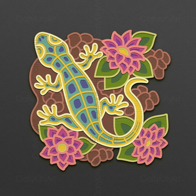 蜥蜴，花中的可愛壁虎，3d 分層 svg dxf png 文件 - CraftyKittyArt - 001