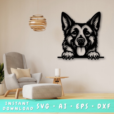 偷看德國牧羊犬雷射 svg，狗爪印 - HappyDesignStudio - 001