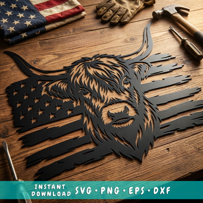 Patriotic Highland Cow SVG | American Flag Metal Wall Art - HappyDesignStudio - 001
