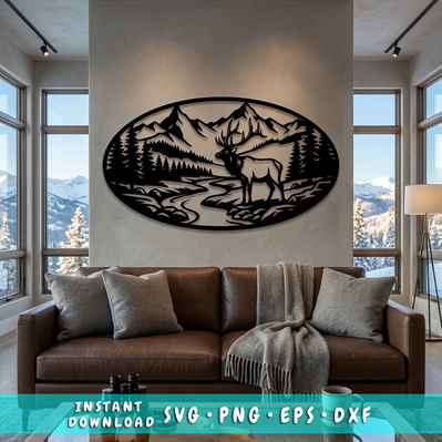 Elk Mountain Scene Laser SVG | Wildlife Wall Art Svg  - HappyDesignStudio - 001