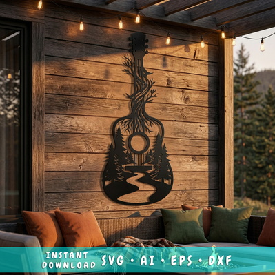 Acoustic Guitar With Forest Scene SVG | Plasma CNC Metal SVG - HappyDesignStudio - 001