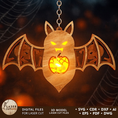 Halloween Bat Lantern SVG - Cat with a Web Night Light - LaserCutano - 001