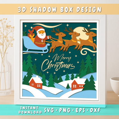 3D Merry Christmas Shadow Box SVG, Christmas Light Box SVG