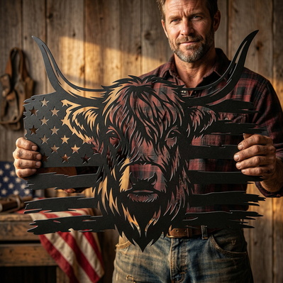 Patriotic Highland Cow SVG | American Flag Metal Wall Art - HappyDesignStudio - 005