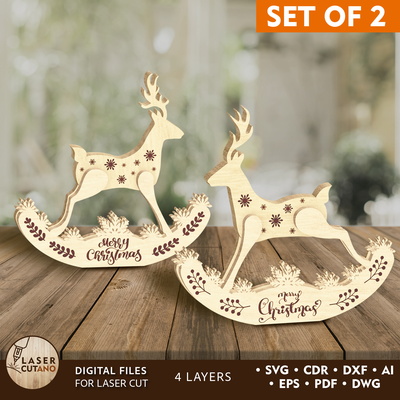 鹿聖誕套裝多層切割文件，家居裝飾 - LaserCutano - 001