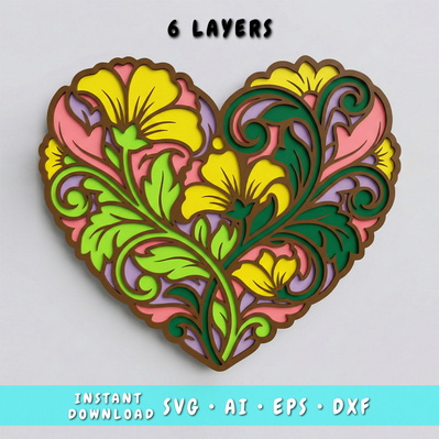 Floral Heart Multilayer SVG, Layered Flower Heart Cut File