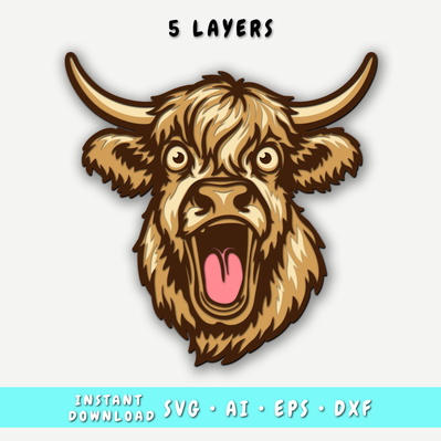 Funny Highland Cow Multilayer SVG, Layered Cow Head Cut File