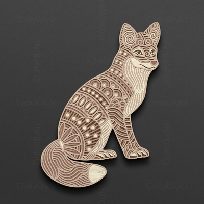 野狐狸，曼陀羅狐狸，3d 分層 svg dxf png 文件 - CraftyKittyArt - 001