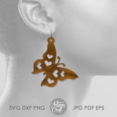 Butterfly earrings SVG with hearts, Butterfly wing earring - Artisan Craft - 003