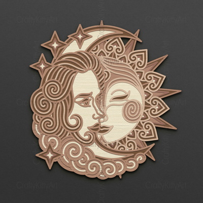Sun & Moon Face, Mandala Boho, 3D layered SVG DXF PNG files - CraftyKittyArt - 001